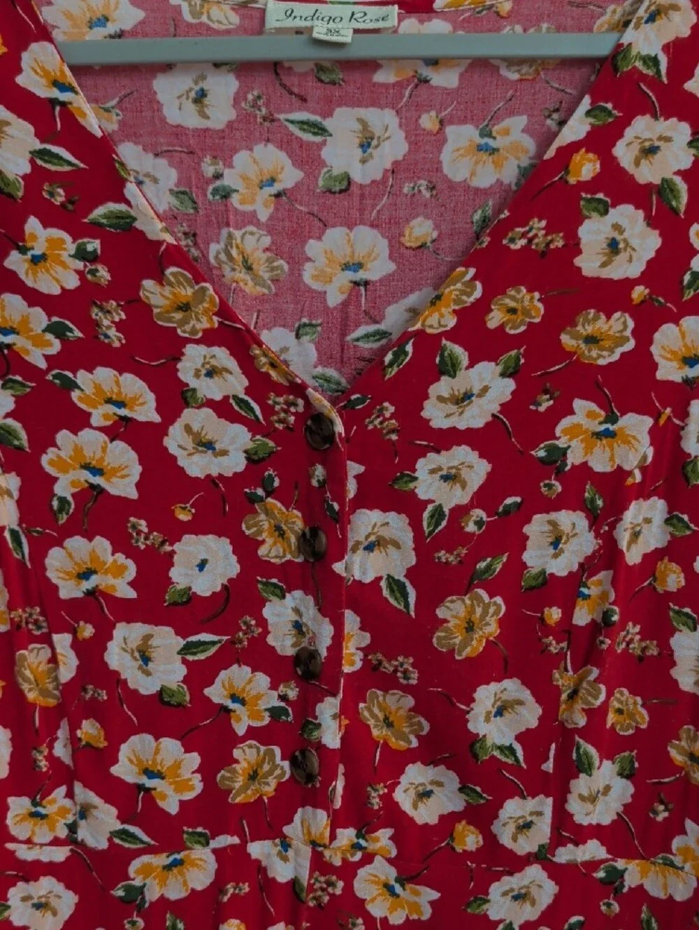 Indigo Rose Red Floral Maxi Dress with Button Front 3X - Picture 3 of 8